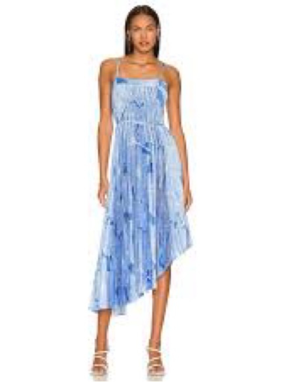 Milly Irene Waterlily Print Pale Blue Pleated Asymmetric Midi Dress